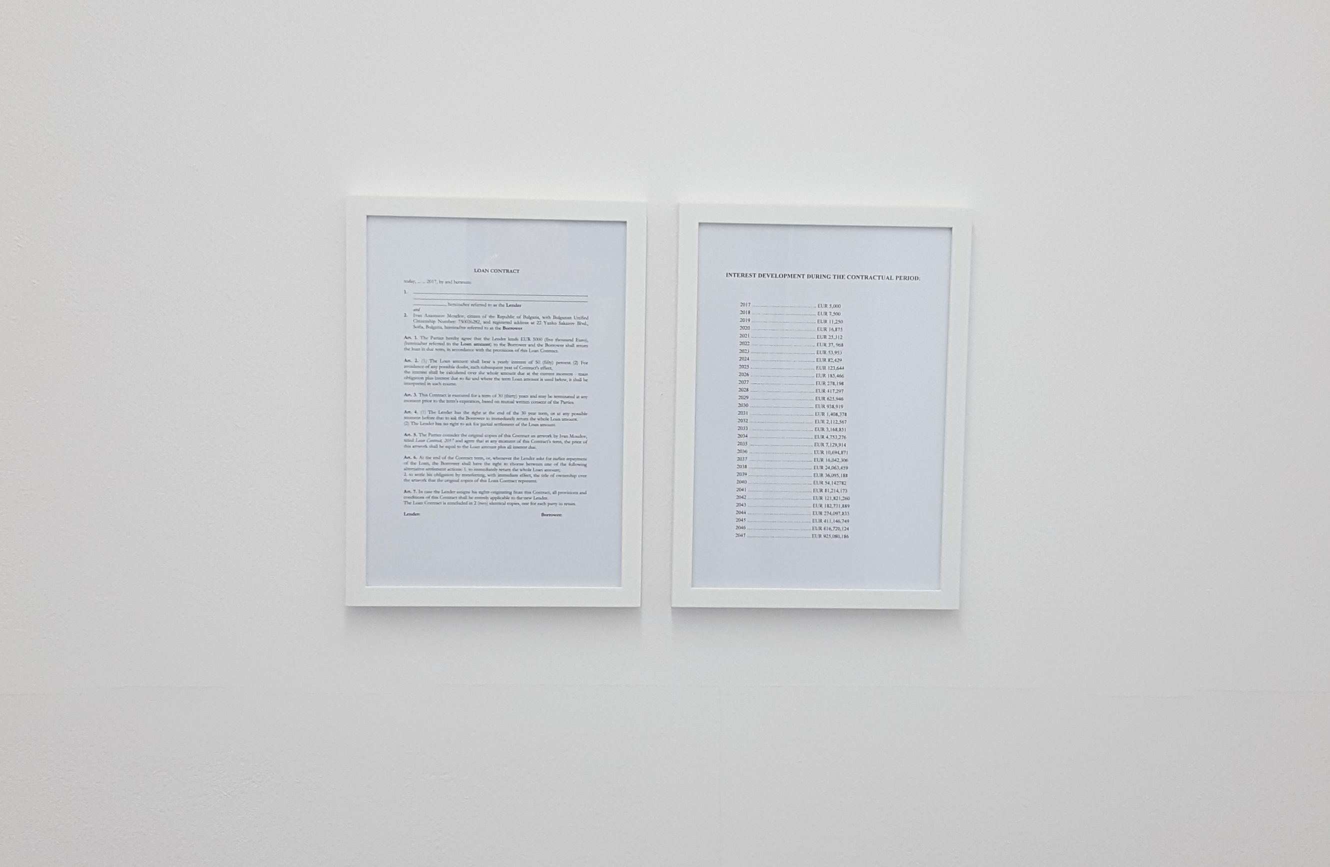 Loan Contract, 2017. Installation, two A4 framed documents, Installation view, Galerie Alberta Pane, Venice